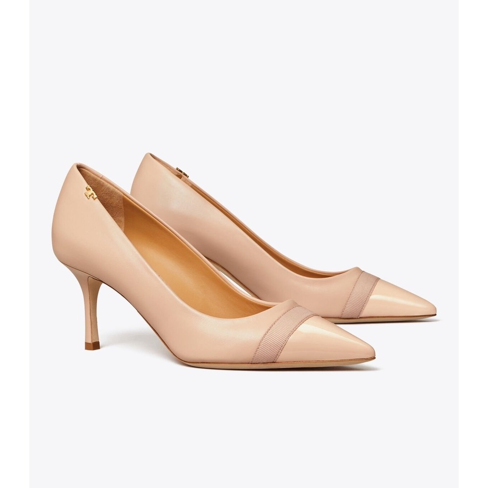 Tory Burch Chelsea Cap-Toe Pumps Blush Pink Leather Gold Logo Heels 8 - Picture 1 of 11